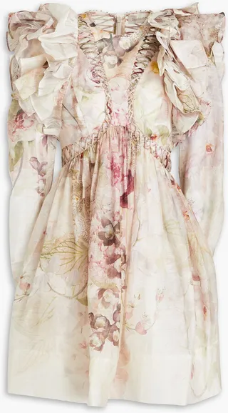 Embellished ruffled floral-print linen and silk-blend mini dress