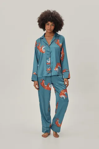 Nasty Gal Womens Recycled Satin Tiger Pajama Shirt & Pants Set
