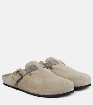 Embellished suede clogs