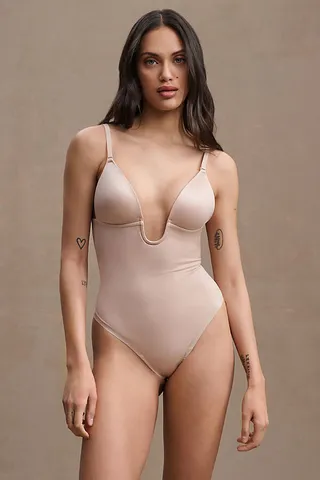Spanx Suit Your Fancy Plunge Low-Back Thong Bodysuit Beige