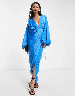 ASOS DESIGN satin plunge midaxi dress with draping detail in blue