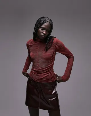 Topshop textured ruched long sleeve top in burgundy