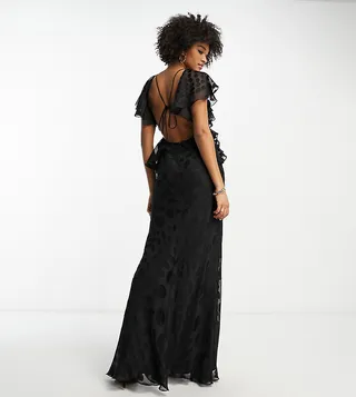 ASOS DESIGN Tall satin spot flutter sleeve maxi dress with open back in black