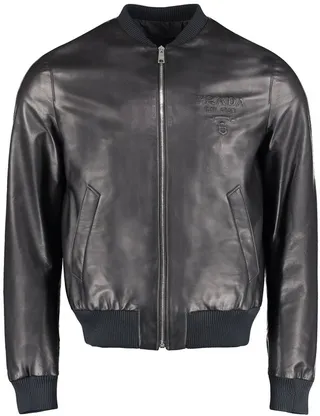 Prada Ribbed Hem Leather Bomber Jacket