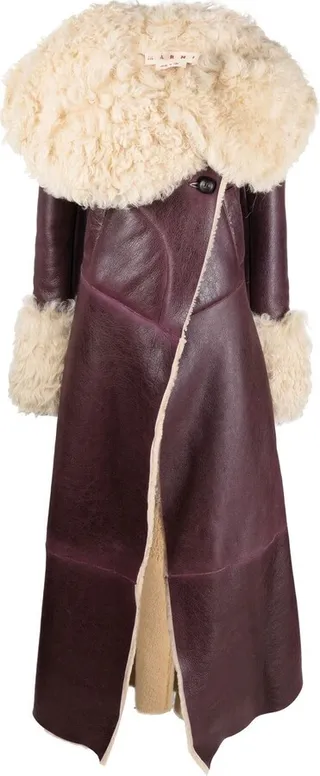 Shearling-Collar Leather Coat