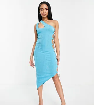 ASYOU racer rhinestone lace up midi dress in aqua