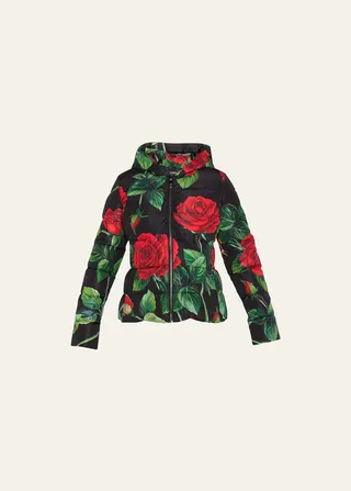 Rose-Print Hooded Puffer Jacket