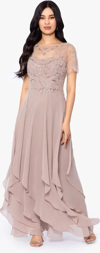 Asymmetric Ruffle Beaded Gown
