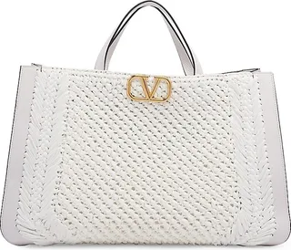 VLogo Signature Woven Raffia & Leather Tote