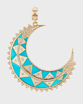 18k Yellow Gold Mini Crescent Turquoise Inlay Charm with Diamonds