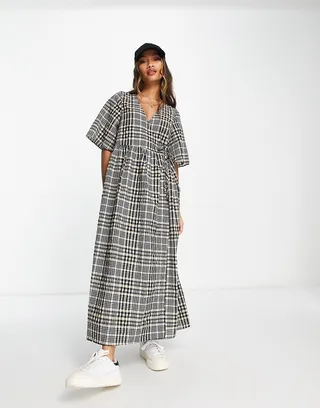ASOS DESIGN smock tie waist wrap midi dress in dark check