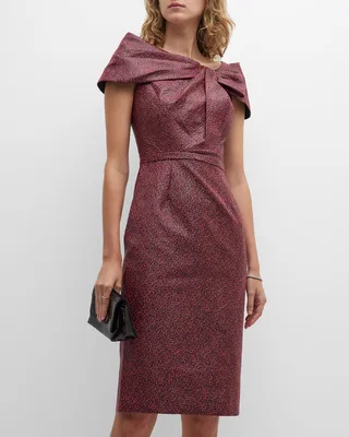 Pleated Off-Shoulder Jacquard Knee Dress