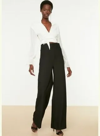 Black High Waist Rib Detailed Trousers TPRSS20PL0105
