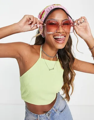 Bershka textured halterneck top in lime green