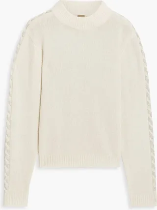 Two-tone cable-knit cashmere and silk-blend sweater