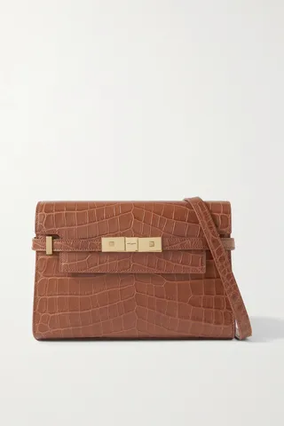 SAINT LAURENT - Manhattan Embellished Croc-effect Leather Shoulder Bag - Brown