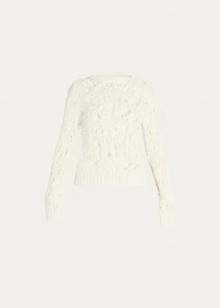 Long-Sleeve Openwork Lace Silk Top