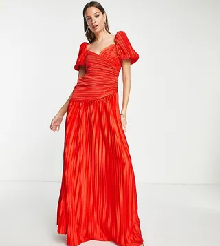 ASOS DESIGN Tall puff sleeve lace trim pleated skater dress in bright red