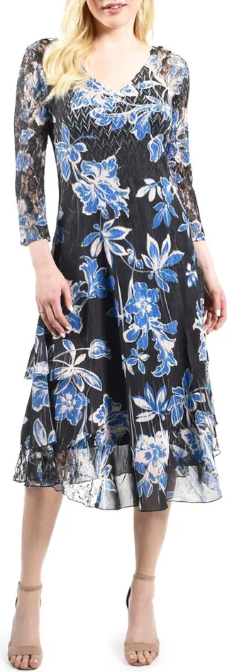 Floral Charmeuse & Lace Cocktail Midi Dress