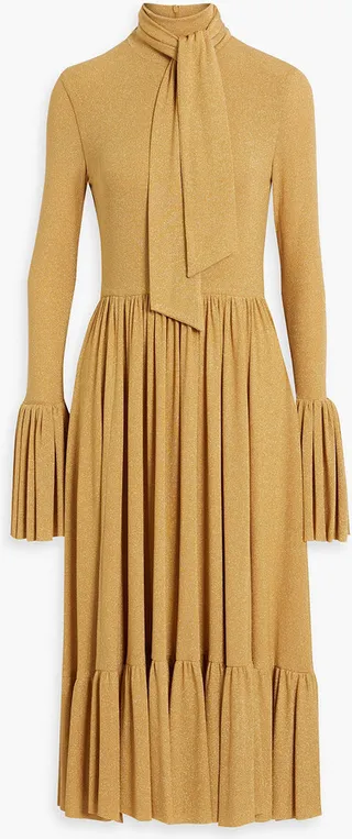 Tie-neck metallic ribbed jersey turtleneck midi dress