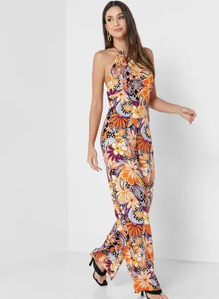 Halter Neck Floral Print Jumpsuit