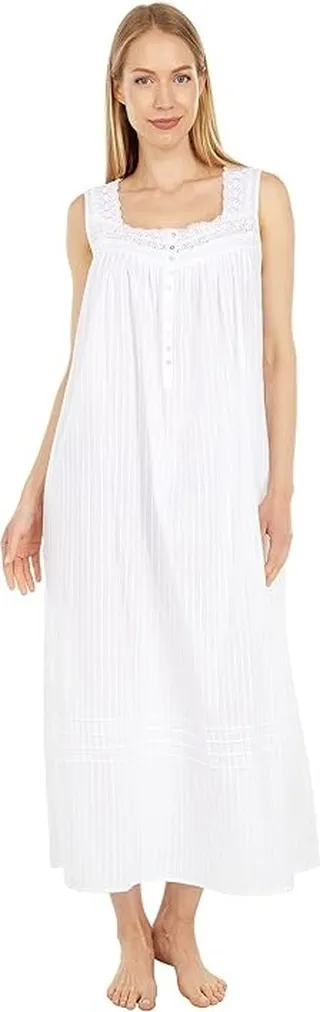 Eileen West Cotton Dobby Stripe Woven Sleeveless Ballet Gown (White) Women's Pajama