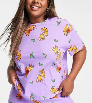 ASOS DESIGN Curve Christmas reindeer tee & leggings pajama set in violet