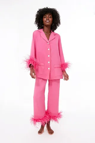 Hot Pink Party Pajama Set with Feathers