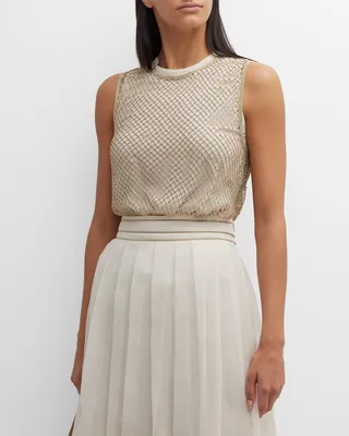 Monili Embroidered Net Sleeveless Silk Top