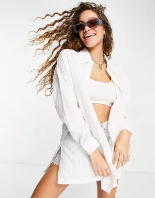 Topshop textured stripe oversized beach shirt in white