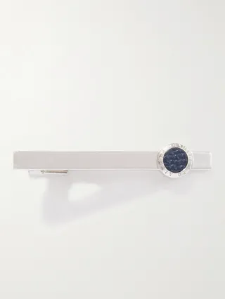 Rhodium-Plated Silver and Leather Tie Clip