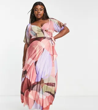 ASOS DESIGN Curve puff sleeve gathered front maxi dress in abstract print
