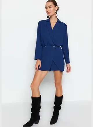 Navy Blue Double Breasted Shorts Skirt Woven Jumpsuit TWOAW24TU00020