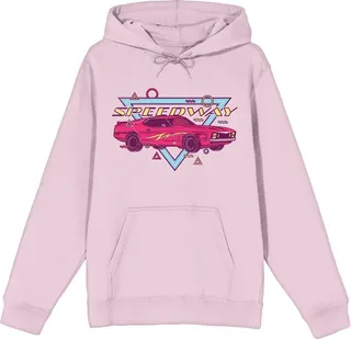 Retro Muscle Car Speedway Long Sleeve Cradle Pink Adult Hooded Sweatshirt-Small