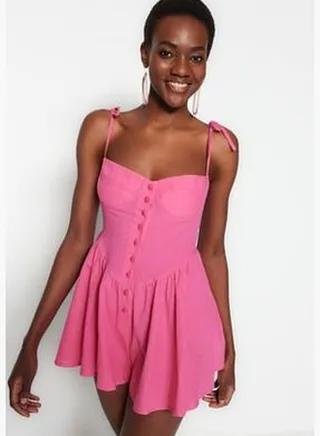 Weave Fuchsia 100% Cotton Romper with Ruffles