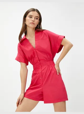 Shorts Overalls Short Sleeve Button Shirt Neck