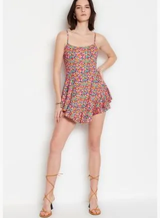 Multi-Colored Printed Mini Knitted Overalls with Straps and Ruffles and Shorts