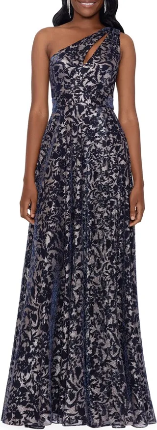 One-Shoulder Metallic Floral Print Cutout Gown