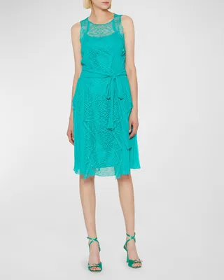 Lace Pleated Chiffon Belted Dress