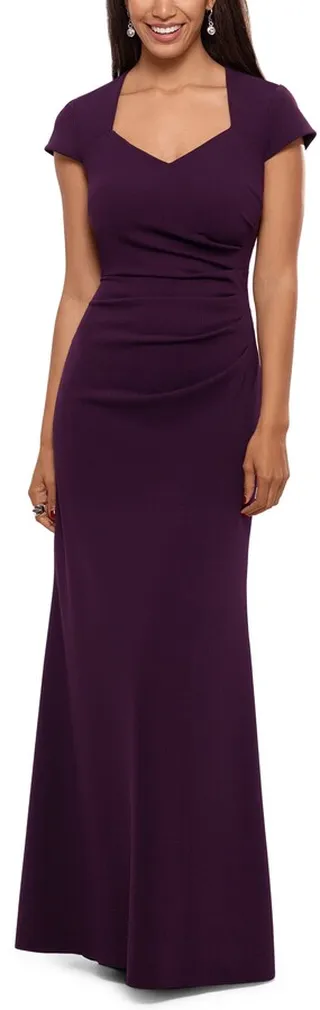 Crepe Ruffle Back Short Sleeve Gown