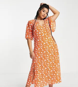 ASOS DESIGN Curve angel sleeve midi dress in red floral print
