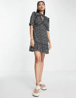 Topshop frill detail mini dress in navy floral print