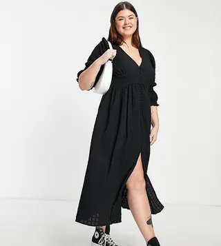 ASOS DESIGN Curve button through textured midi tea dress in black