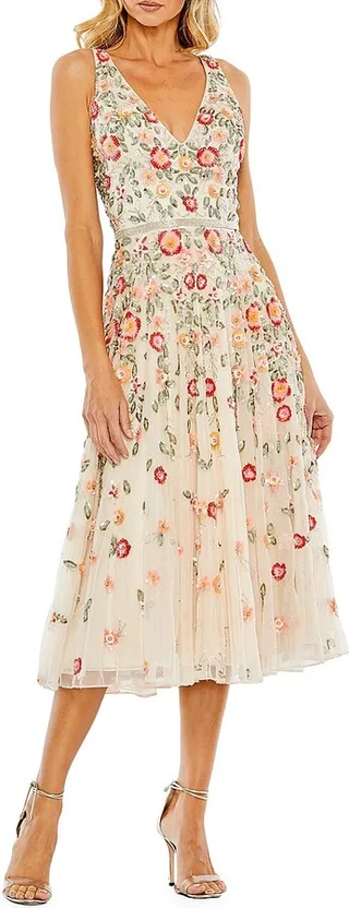 Cocktail Floral Embroidered V-Neck Midi-Dress