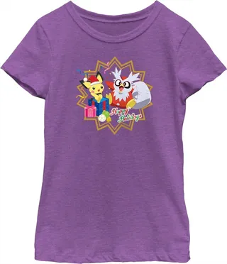 Girl's Pokemon Christmas Pikachu and Delibird Happy Holidays T-Shirt - Purple Berry - Medium
