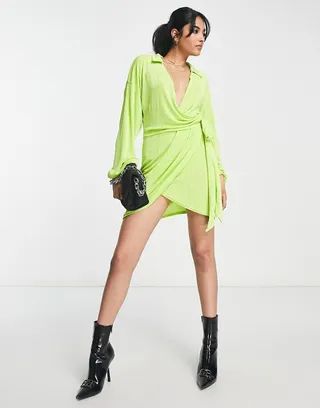 ASOS DESIGN wrap slinky blouson sleeve mini dress with collar in lime