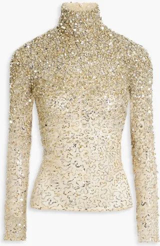 Embellished cotton-blend tulle turtleneck top