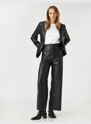 Faux Leather Blazer Jacket Pocket Detail