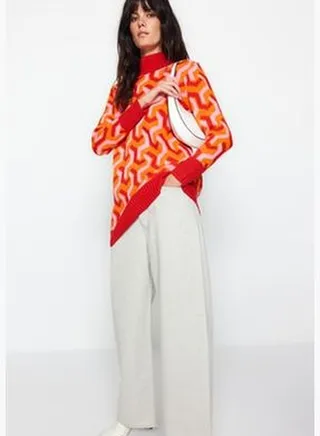 Red Patterned Knitwear Sweater TCTAW24AK00156