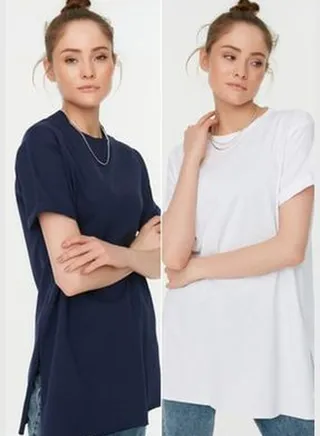 Navy Blue-White 2-Pack Slit Detailed Crew Neck Basic Knitted T-Shirt TCTSS21UK0009